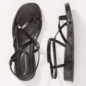Anthropologie Marina Strappy Black Croc-Embossed Sandals, Size 6